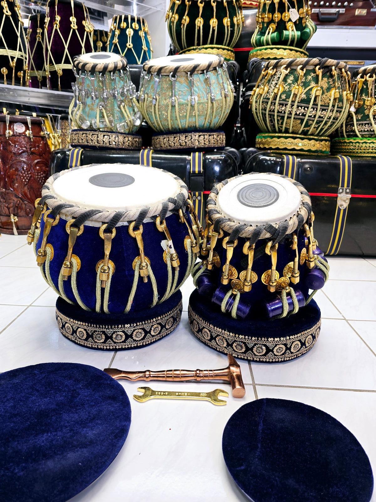 Azure Harmony Tabla Set – 5.5" Red Sheesham Dayan (B/C/C#) & 9.25" Copper Bayan Wrapped in Blue Velvet