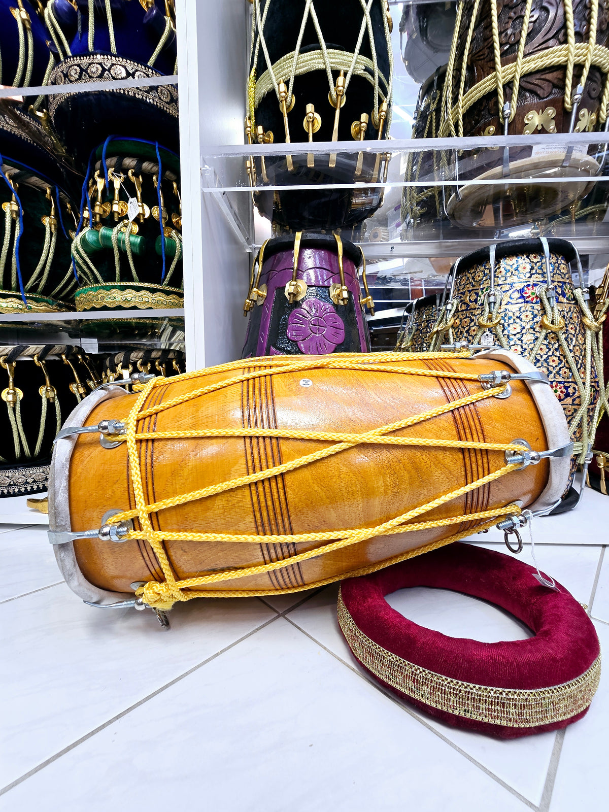 Heritage Yellow Echoes Pro Wooden Dholak with Chrome Bolts and Vibrant Yellow Ropes