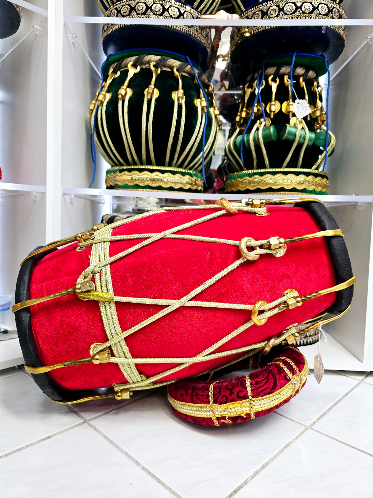 Royal Crimson Velvet Dholak – Brass Bolts, Gold Ropes & Black Skins