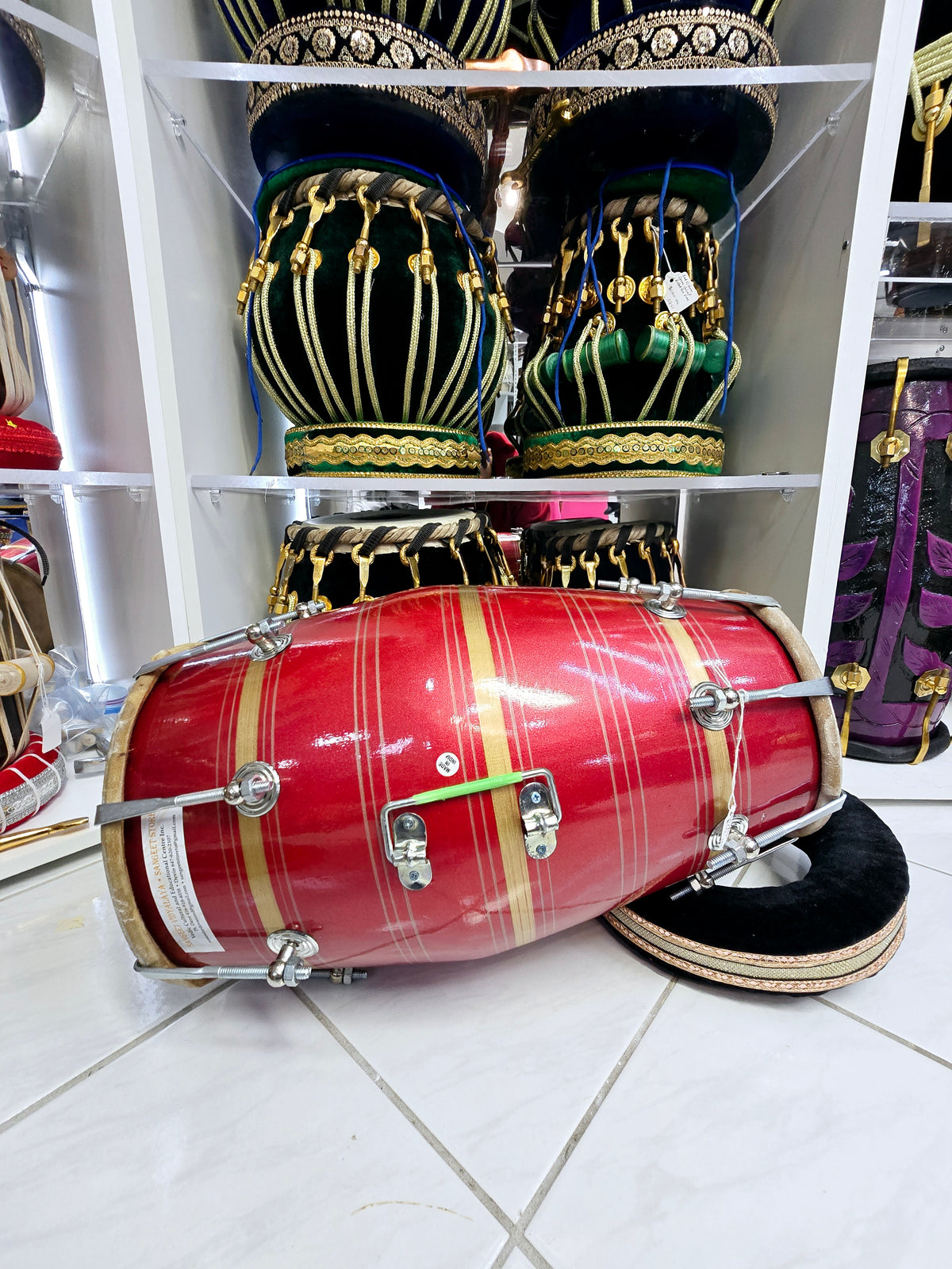 Scarlet Serenade: Red Painted Red Sheesham Dholak with Chrome Bolts and Handle