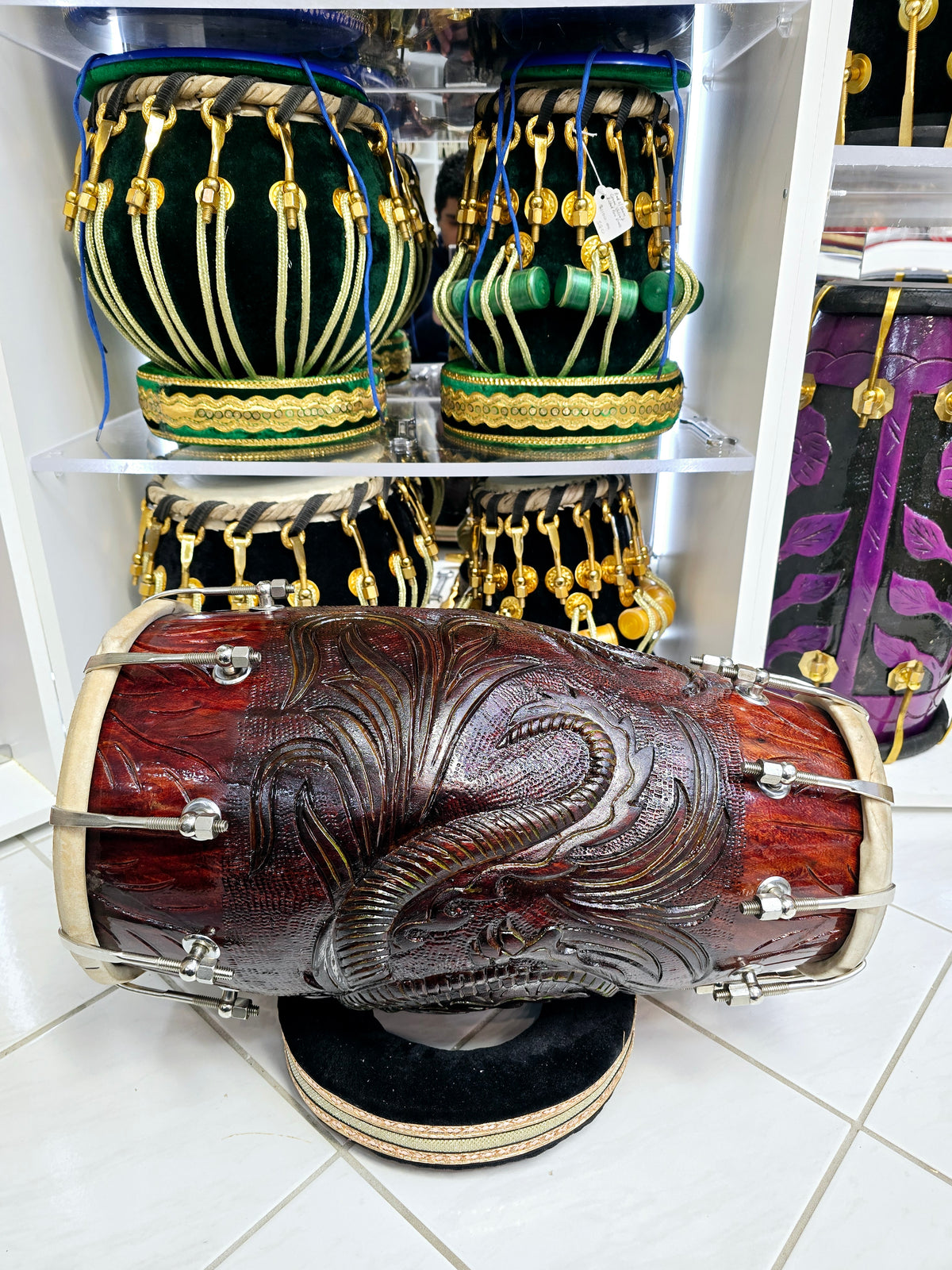 Emerald Dragon Dholak: - Sangeet Store Exclusive by Chetram Gill, Red Sheesham with Green Accents