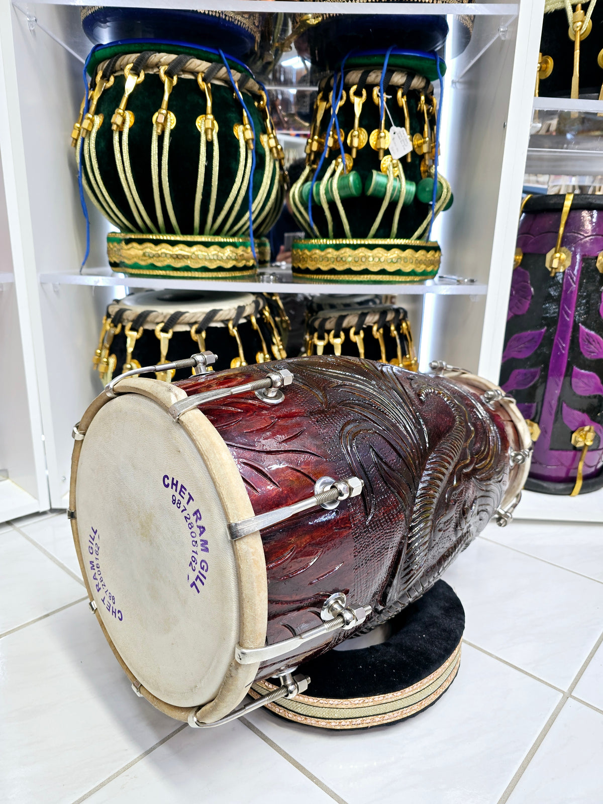 Emerald Dragon Dholak: - Sangeet Store Exclusive by Chetram Gill, Red Sheesham with Green Accents