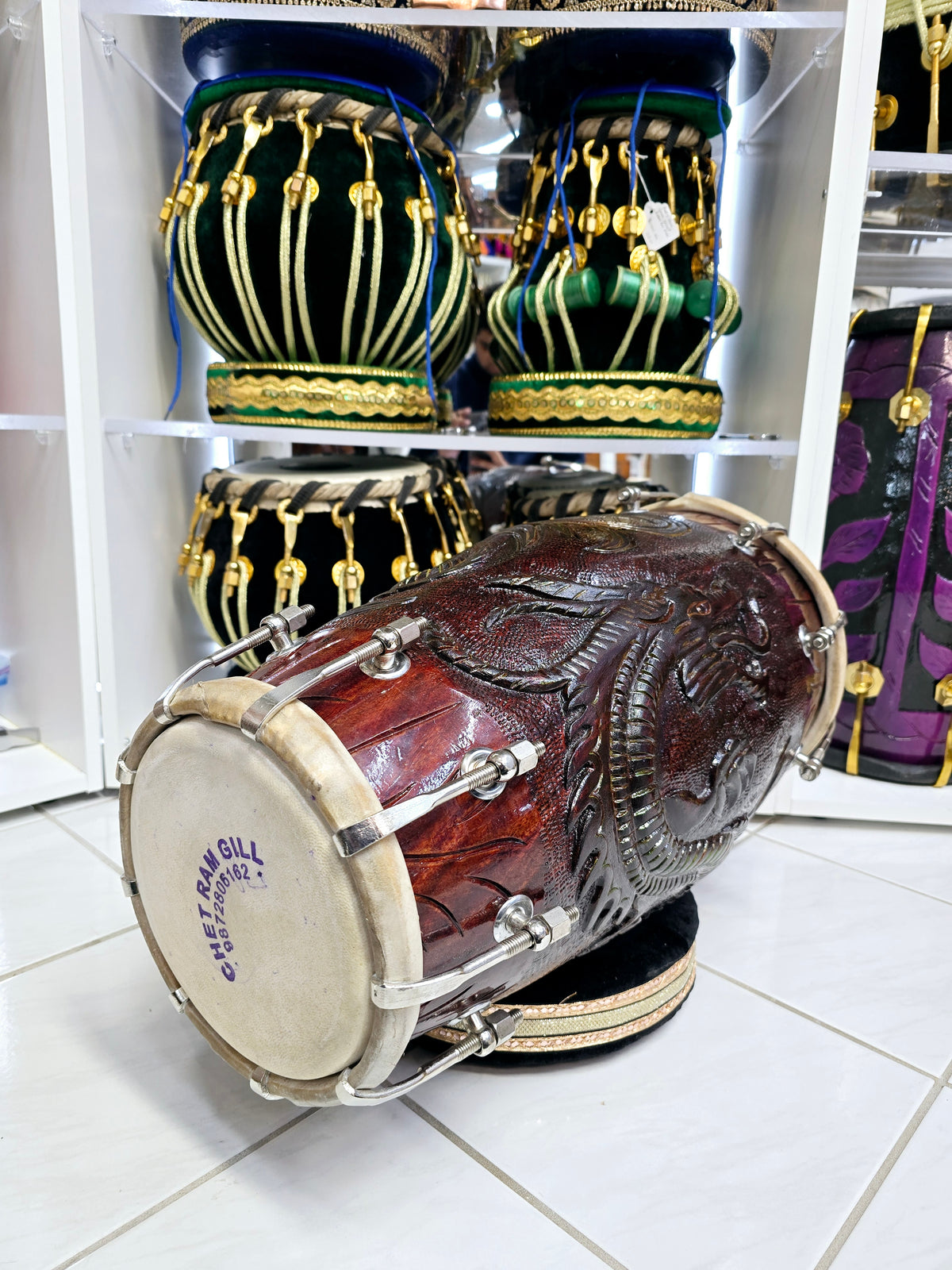 Emerald Dragon Dholak: - Sangeet Store Exclusive by Chetram Gill, Red Sheesham with Green Accents