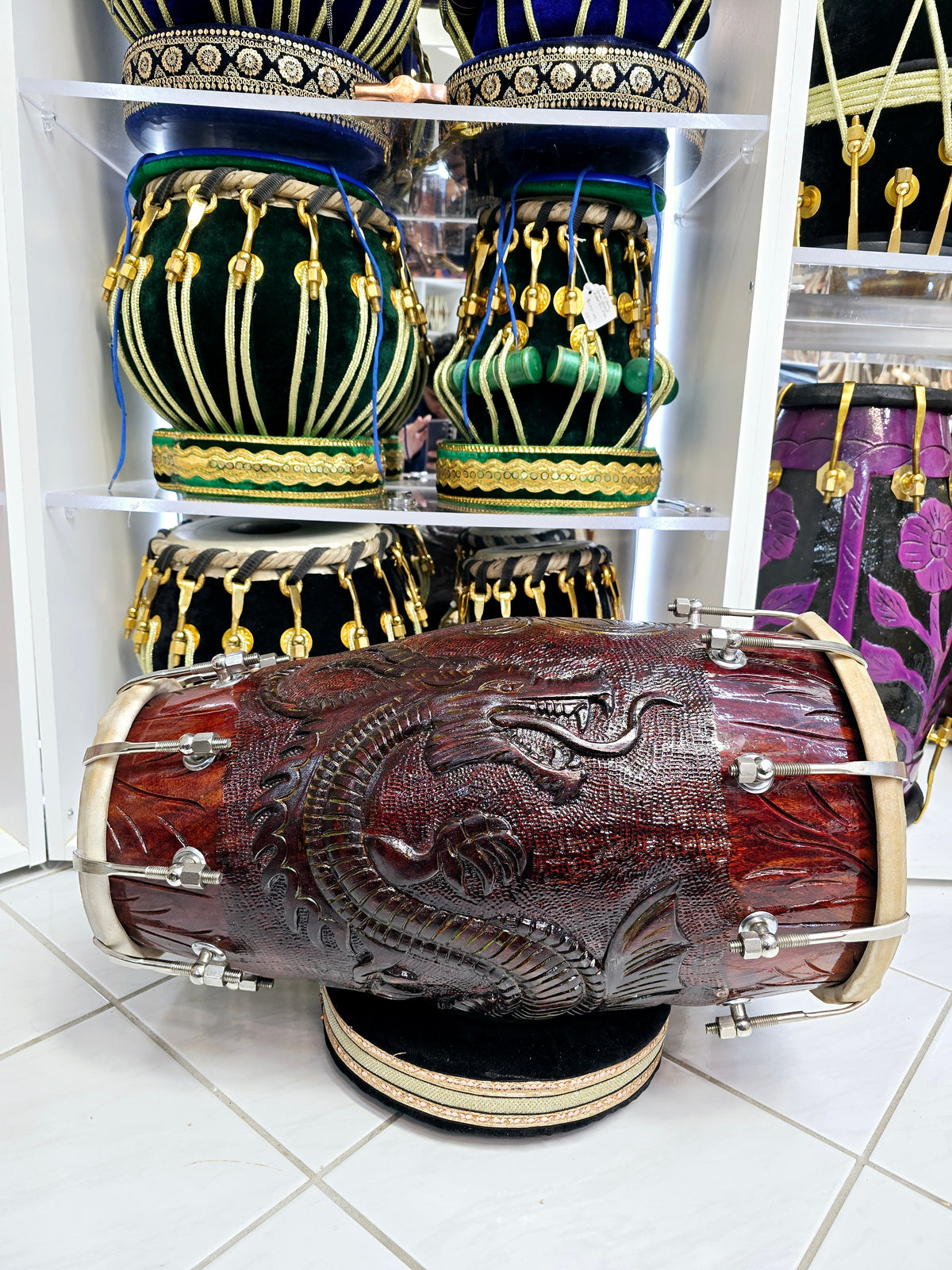 Emerald Dragon Dholak: - Sangeet Store Exclusive by Chetram Gill, Red Sheesham with Green Accents