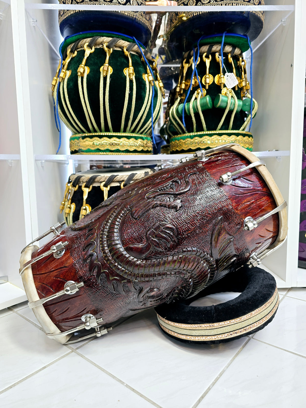 Emerald Dragon Dholak: - Sangeet Store Exclusive by Chetram Gill, Red Sheesham with Green Accents