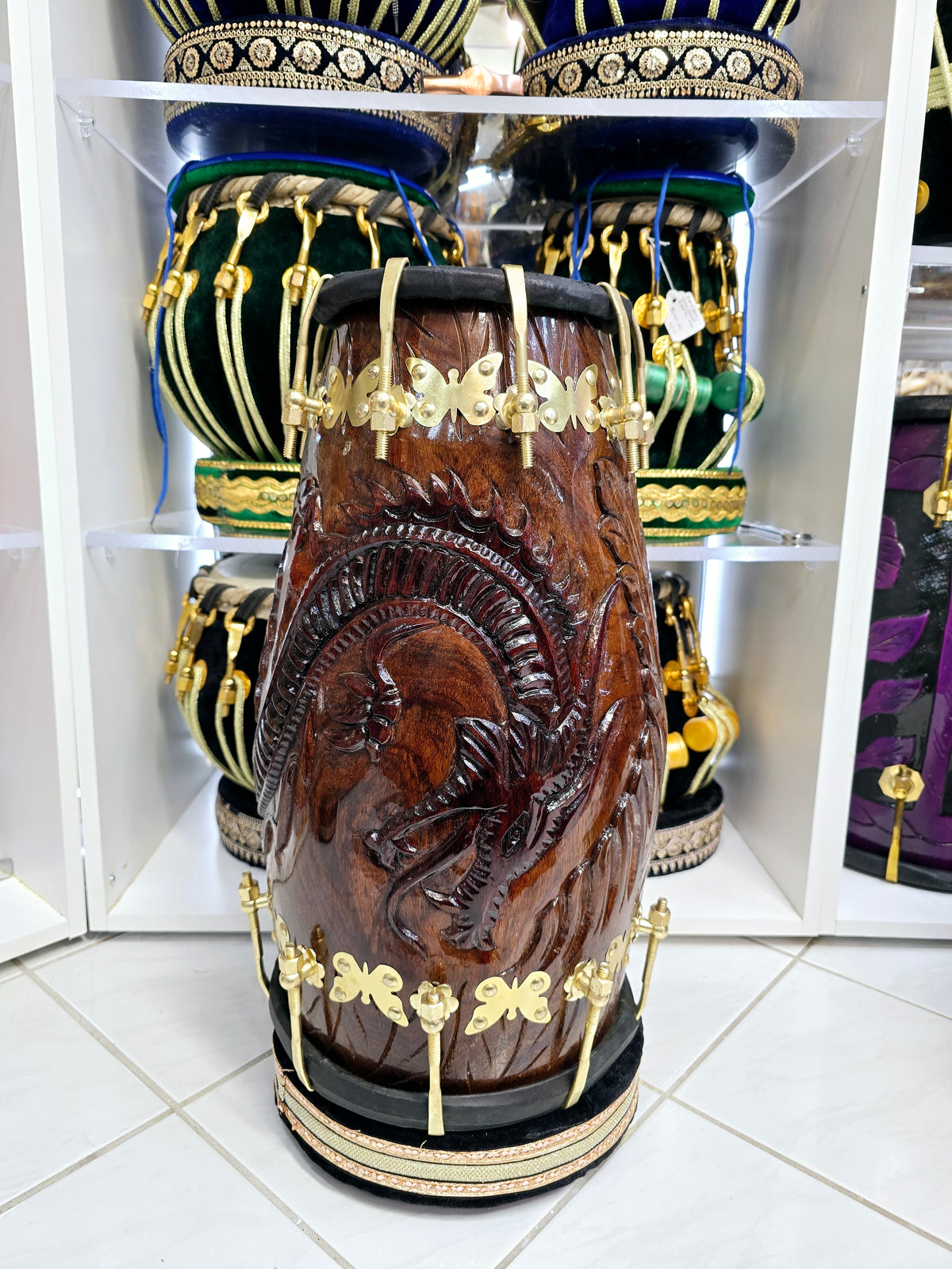 Fireborn Dragon Dholak: - Sangeet Store Exclusive by Chetram Gill, Red Sheesham & Gold Accents