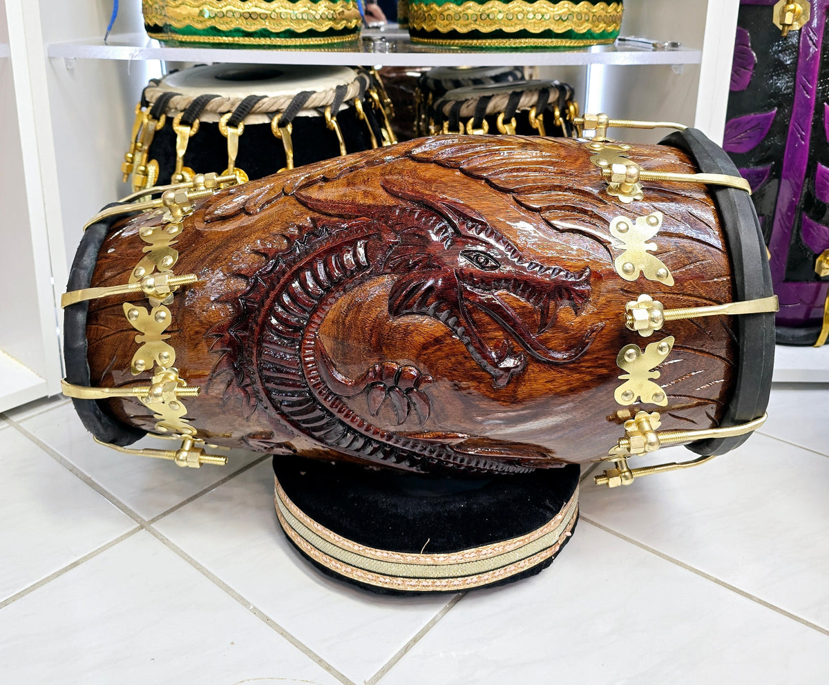 Fireborn Dragon Dholak: - Sangeet Store Exclusive by Chetram Gill, Red Sheesham & Gold Accents