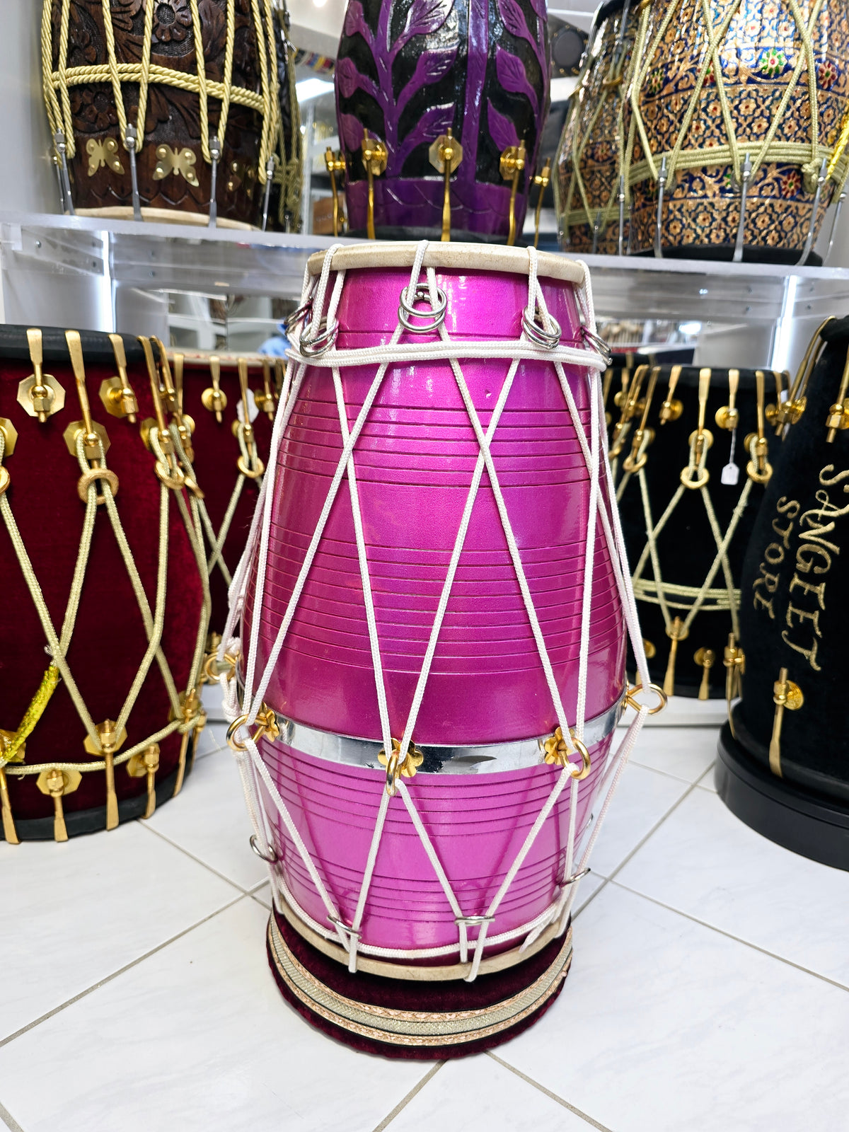 Radiant Rose West Indian Dholak – 20" Red Sheesham, Glossy Sparkling Magenta with White Ropes (Minor Defects)