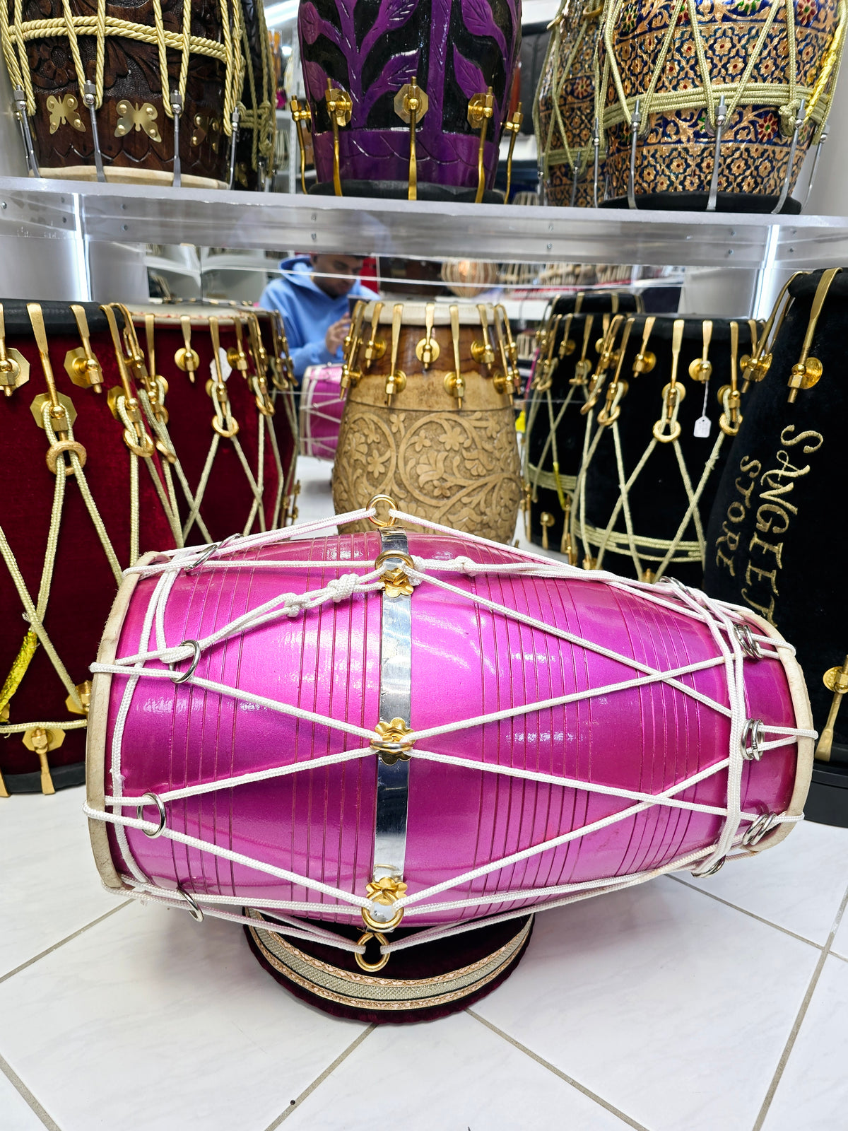 Radiant Rose West Indian Dholak – 20" Red Sheesham, Glossy Sparkling Magenta with White Ropes (Minor Defects)