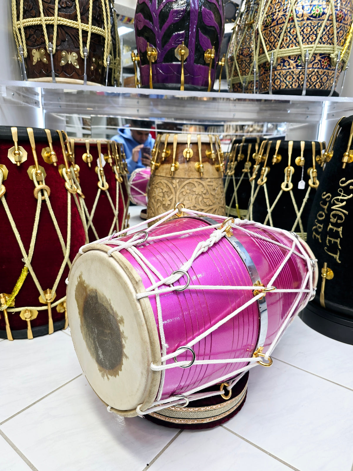 Radiant Rose West Indian Dholak – 20" Red Sheesham, Glossy Sparkling Magenta with White Ropes (Minor Defects)