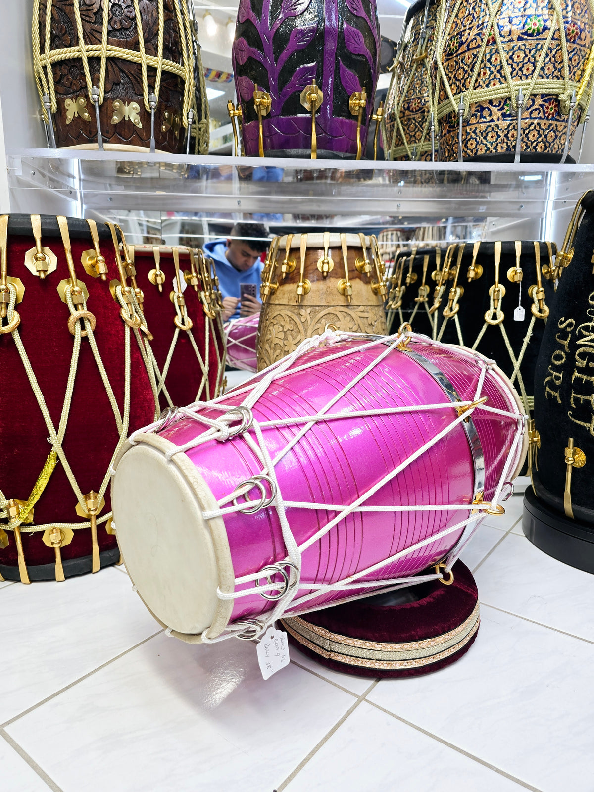 Radiant Rose West Indian Dholak – 20" Red Sheesham, Glossy Sparkling Magenta with White Ropes (Minor Defects)