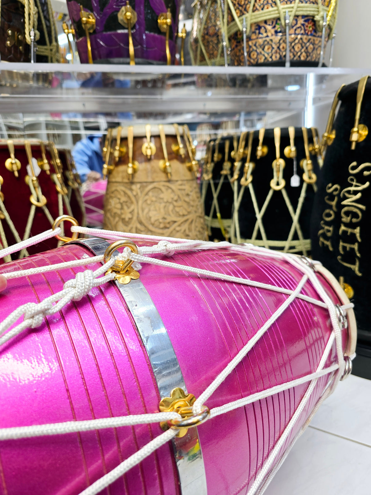 Radiant Rose West Indian Dholak – 20" Red Sheesham, Glossy Sparkling Magenta with White Ropes (Minor Defects)