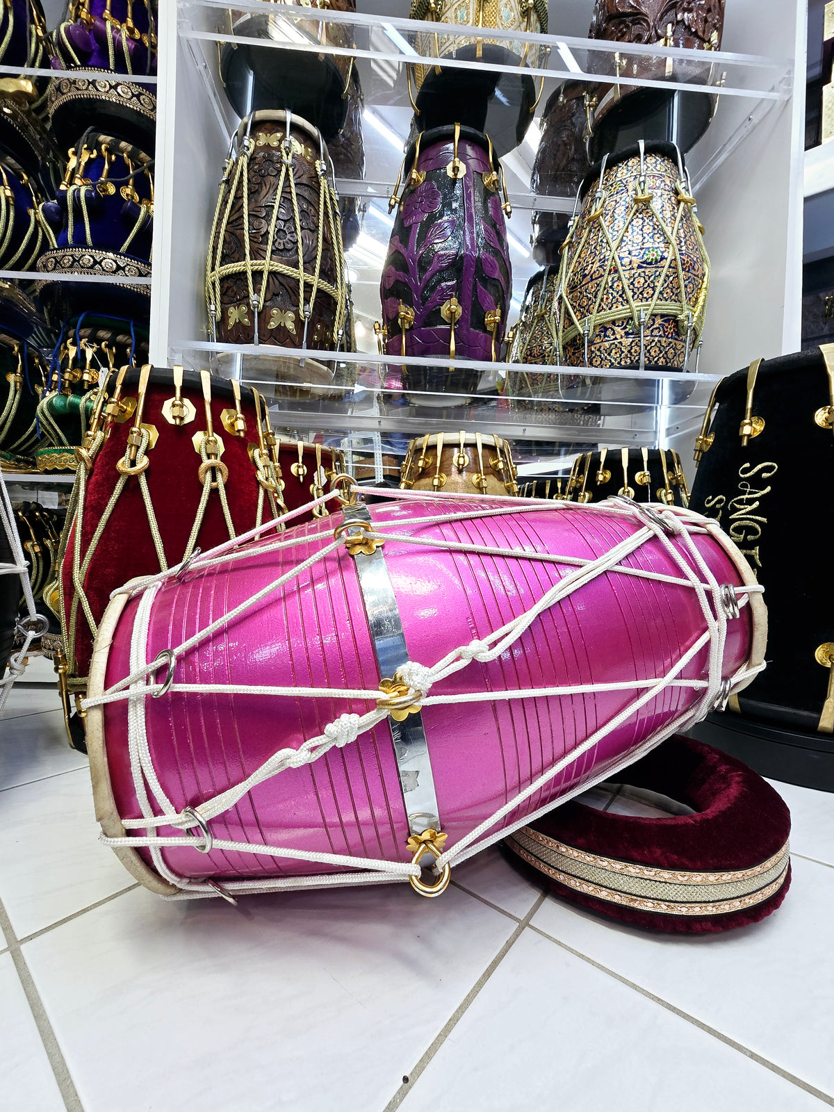 Radiant Rose West Indian Dholak – 20" Red Sheesham, Glossy Sparkling Magenta with White Ropes (Minor Defects)