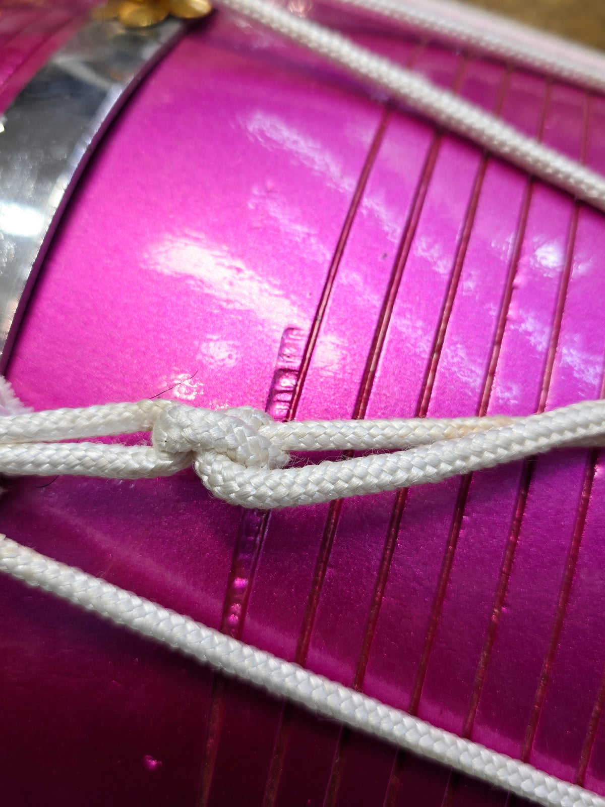 Radiant Rose West Indian Dholak – 20" Red Sheesham, Glossy Sparkling Magenta with White Ropes (Minor Defects)