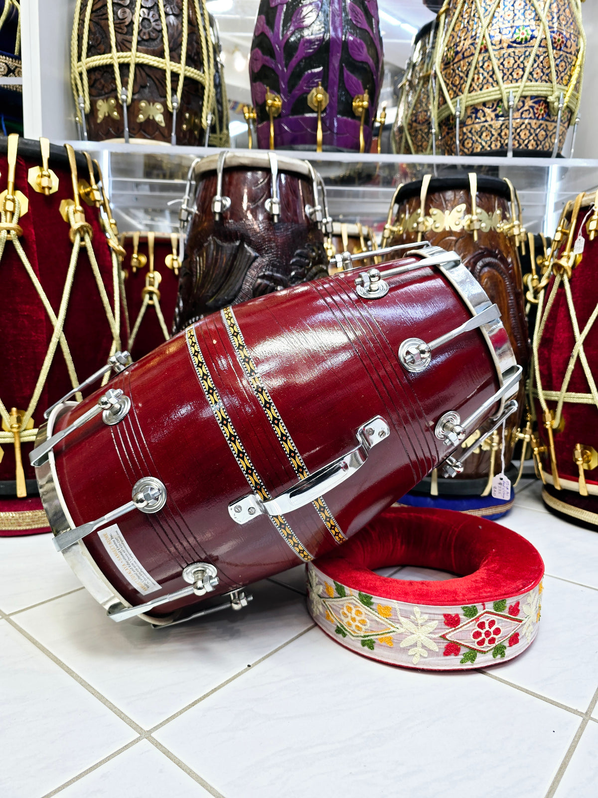 Crimson Core Dholak – Advanced Student Quality, Red Sheesham with Metal Rim Reinforcement *Minor Cosmetic Defects*