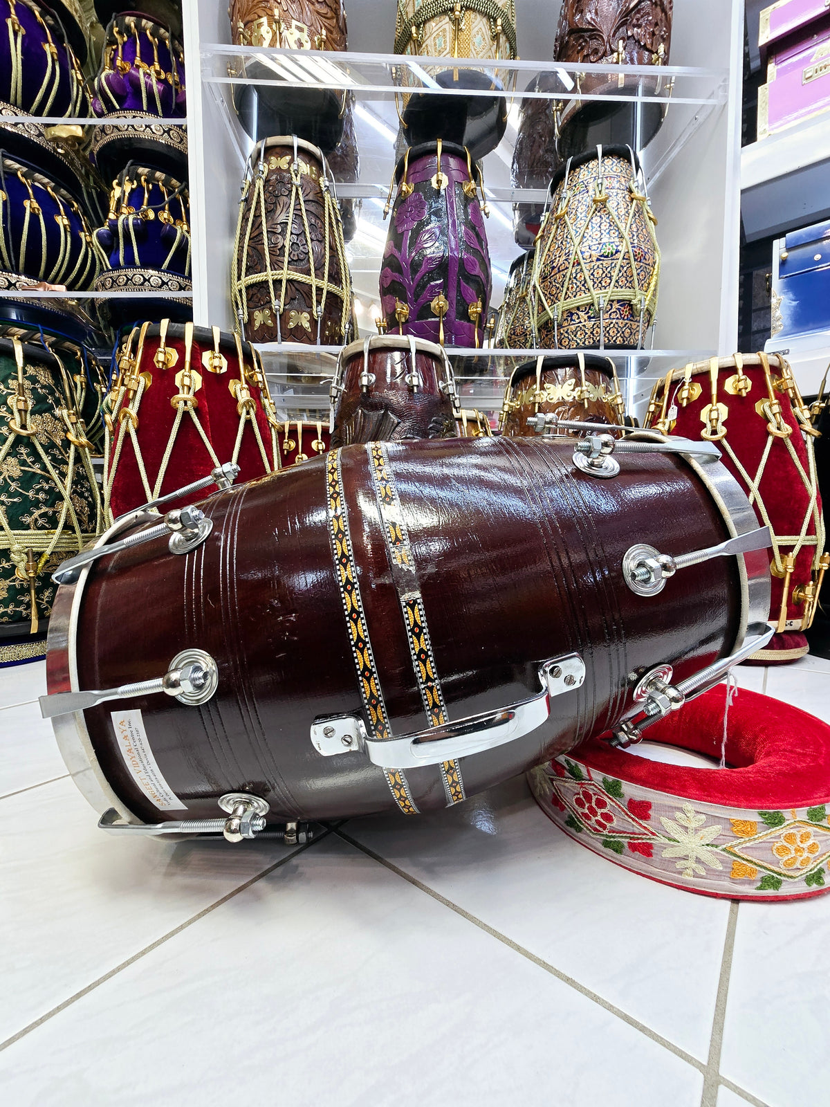 Rustic Reinforced Dholak – Red Sheesham, Traditional Brown Finish with Metal Rim & Handle (Minor Defects)