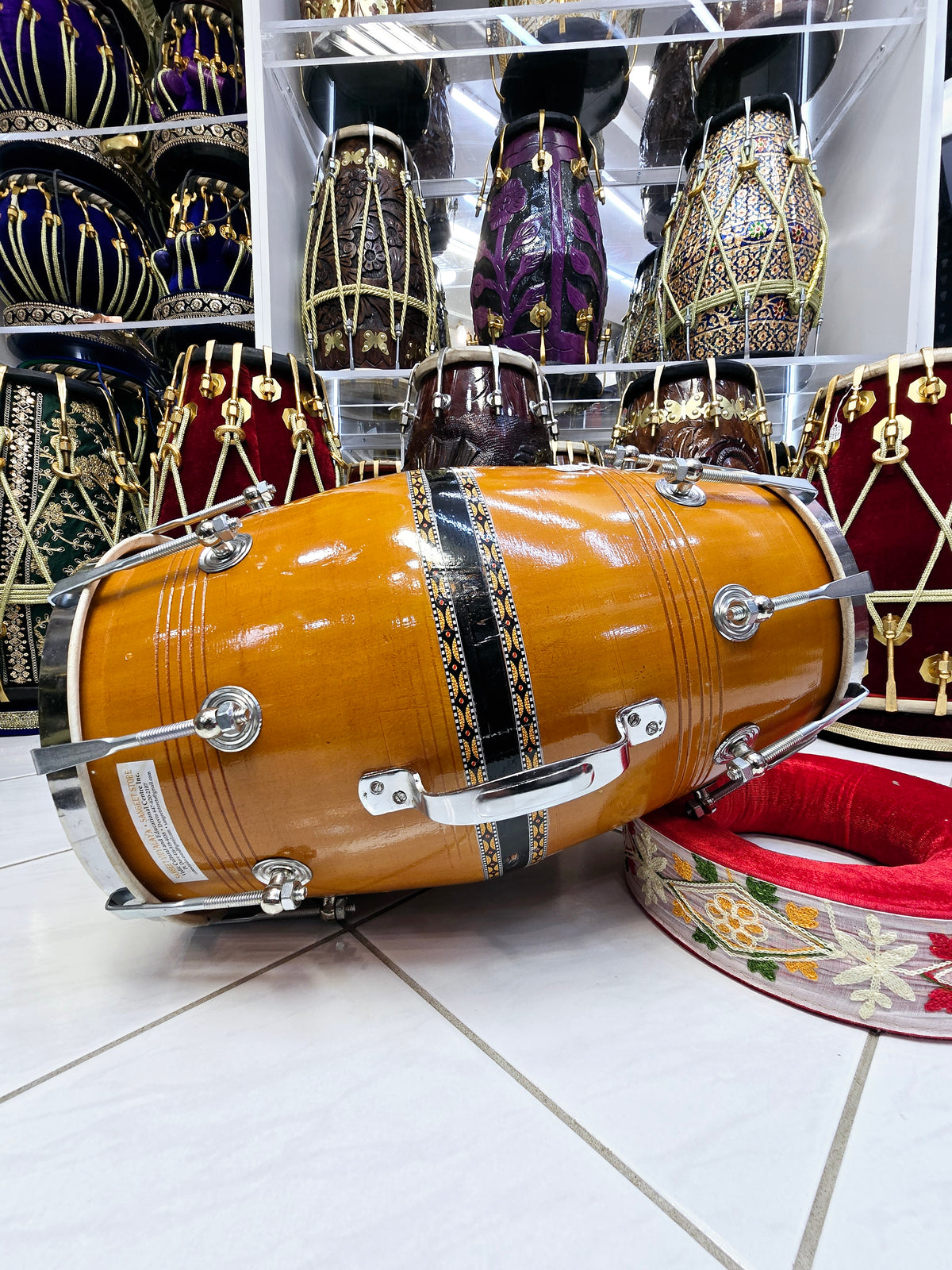 Sunset Ember Dholak – Red Sheesham, Yellow-Orange Finish with Metal Rim & Handle (Minor Defects)