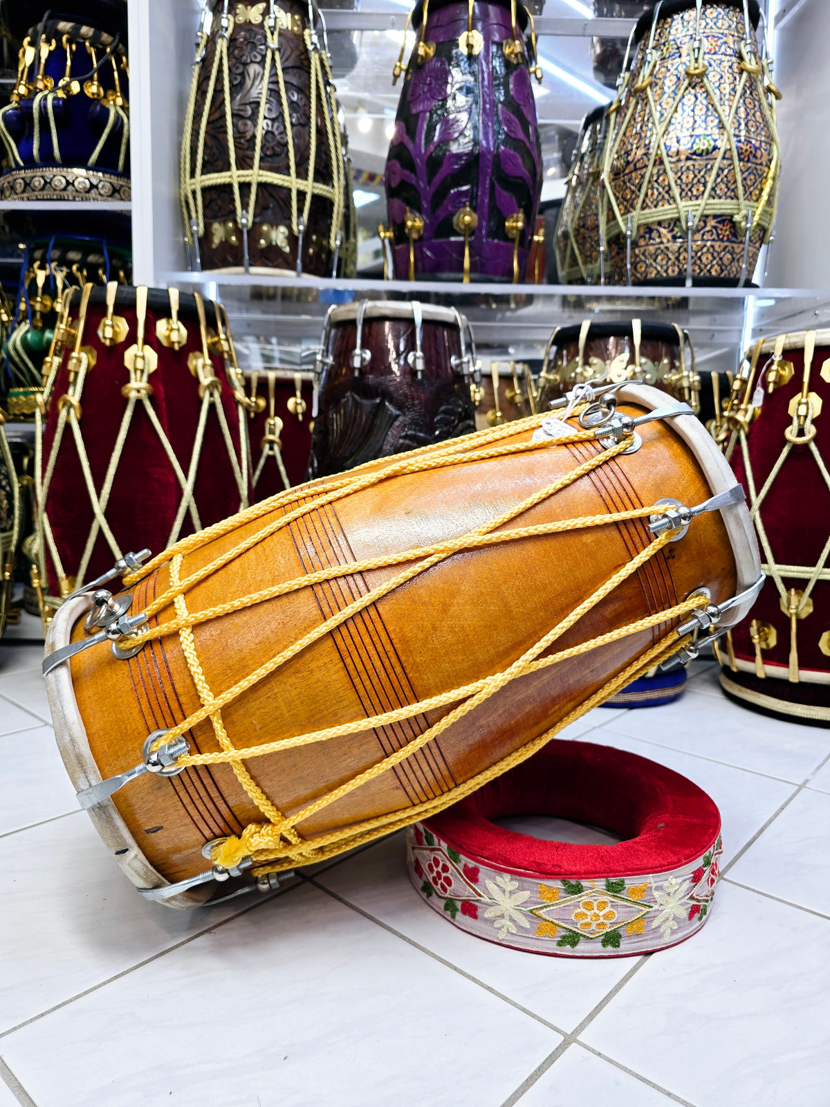 Heritage Yellow Echoes Pro Wooden Dholak with Chrome Bolts and Vibrant Yellow Ropes