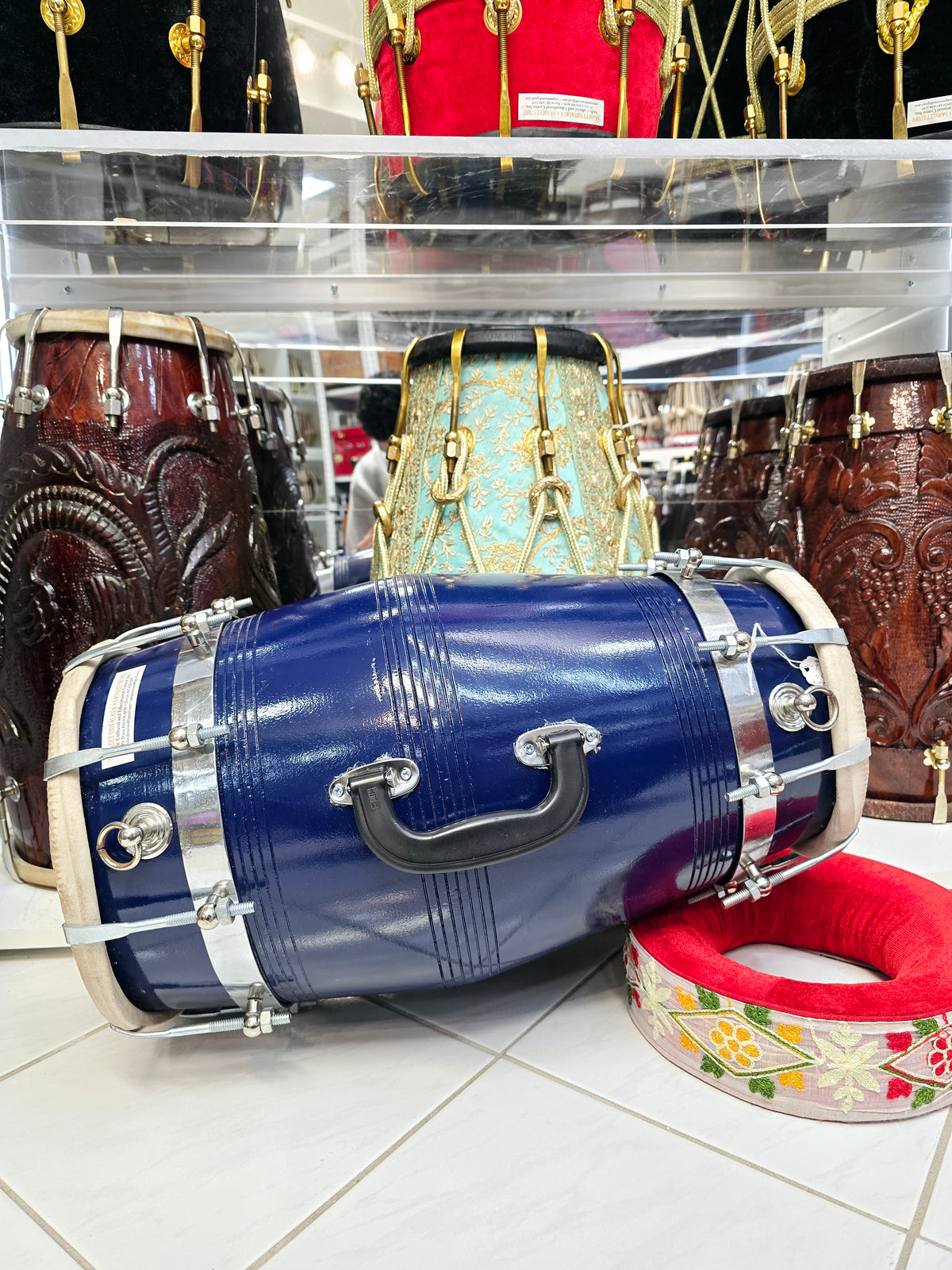 Nautical Rhythm: Navy Blue Bolted Professional Dholak with Chrome Bolts, 2 Metal Rings, and Handle (Minor Cosmetic Defects)