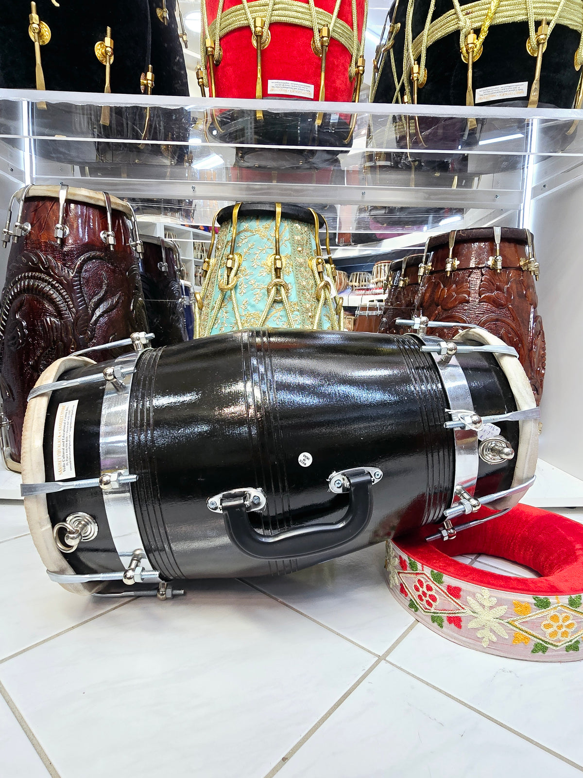 The Onyx Sonic Dholak - A Black Professional Red Sheesham Dholak with Chrome Bolts, Metal Rings and a Handle!