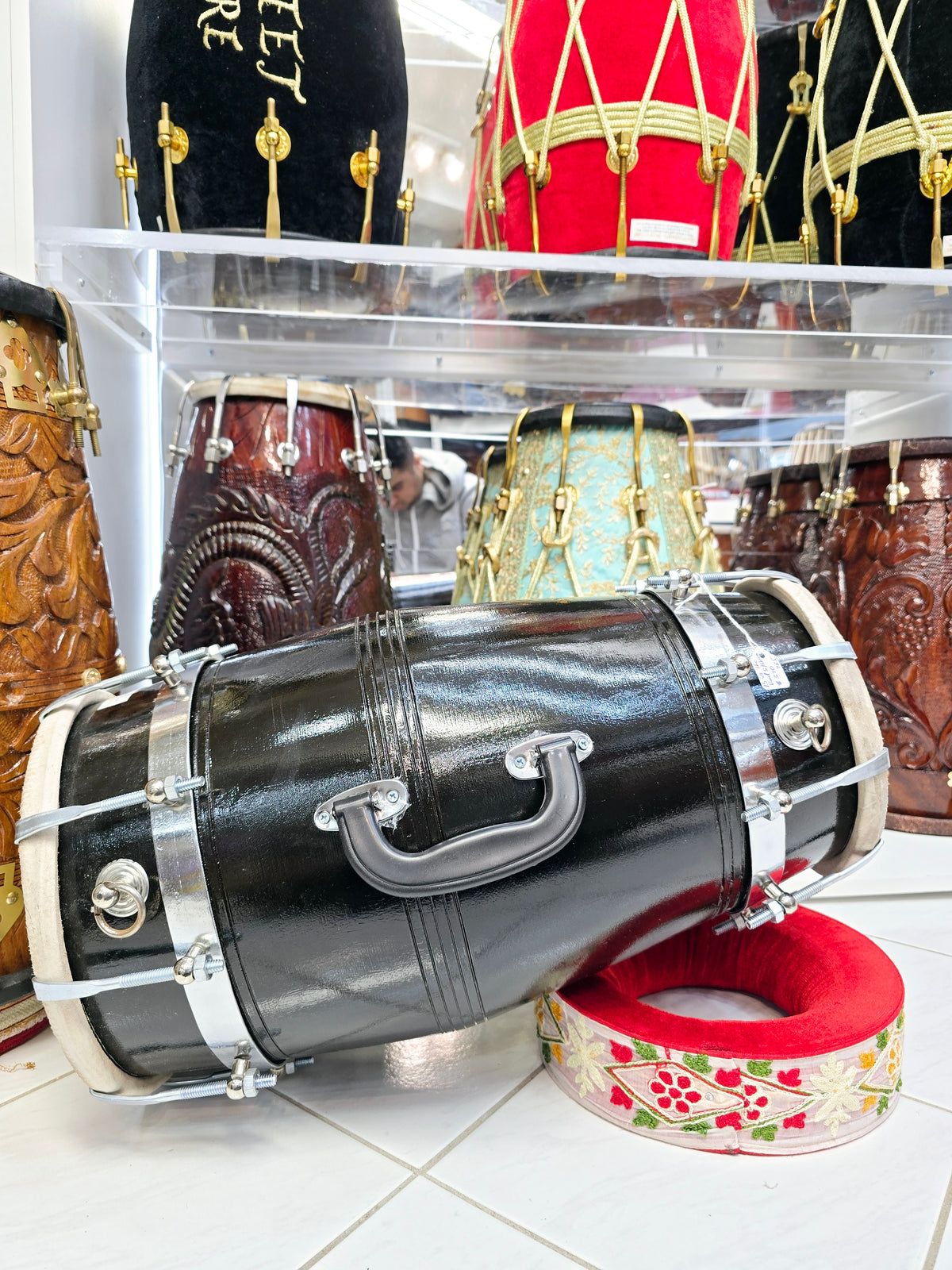 The Ebony Sonic Onyx Dholak - A Black Professional Red Sheesham Dholak with Chrome Bolts, Metal Rings and a Handle! *Minor Cosmetic Defects *