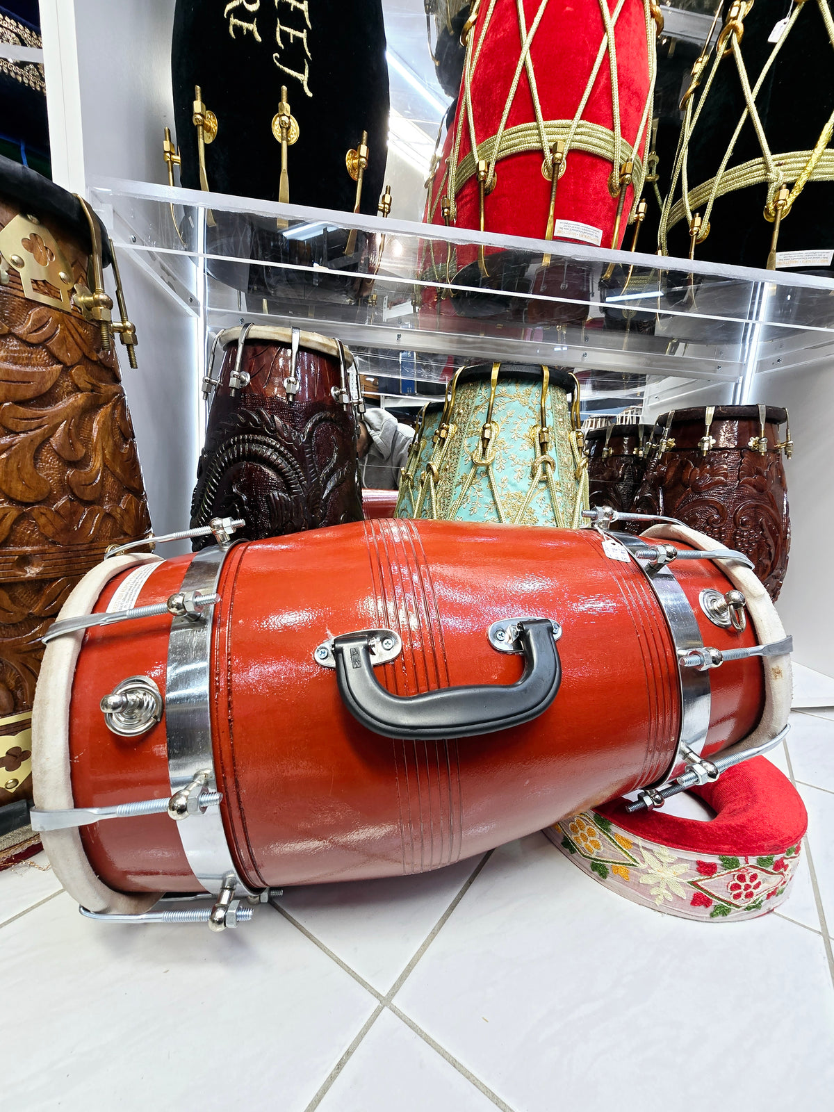 Saffron Spirit Pro Dholak – Saffron Orange Red Sheesham, Chrome Bolts & Handle *Minor Cosmetic Defects*