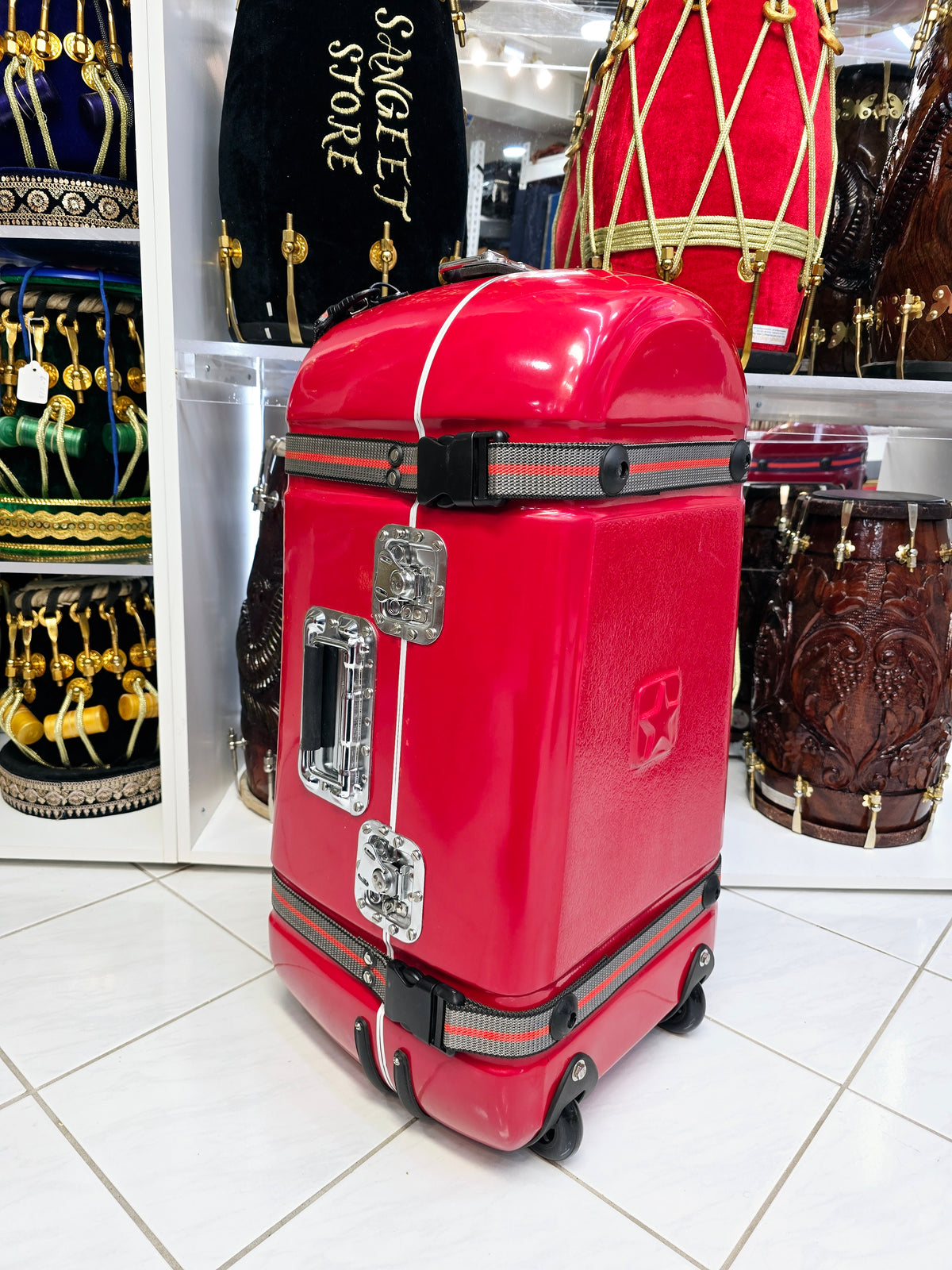 Crimson Fortress Standard Tabla Case – Dual Locks, Multi-Handle Design & Padded Red Interior *Minor Cosmetic Defects* - Sangeet Store