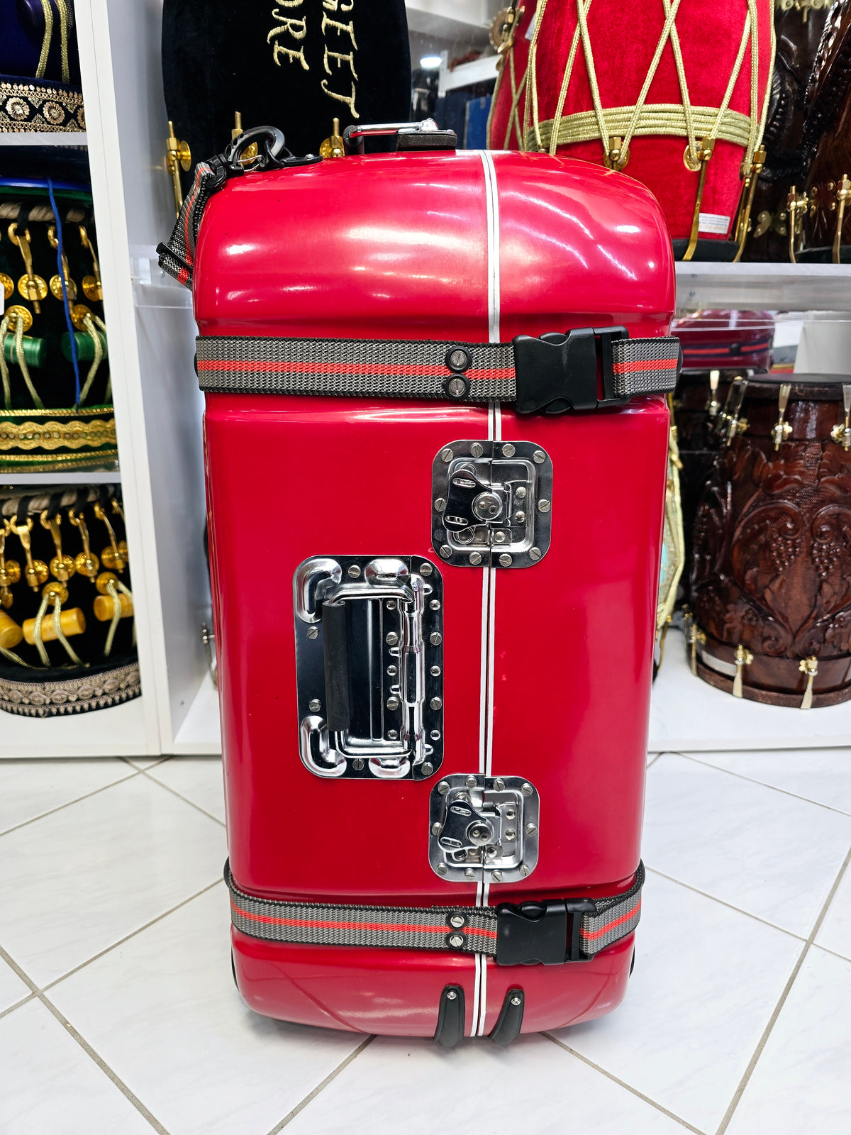 Crimson Fortress Standard Tabla Case – Dual Locks, Multi-Handle Design & Padded Red Interior *Minor Cosmetic Defects* - Sangeet Store