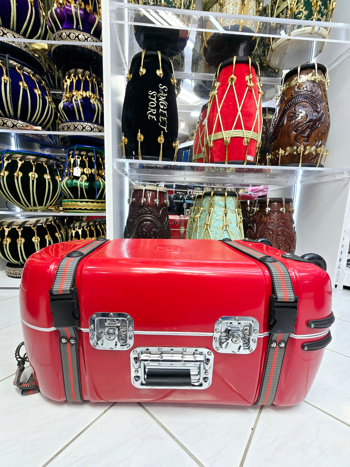 Crimson Fortress Standard Tabla Case – Dual Locks, Multi-Handle Design & Padded Red Interior *Minor Cosmetic Defects* - Sangeet Store