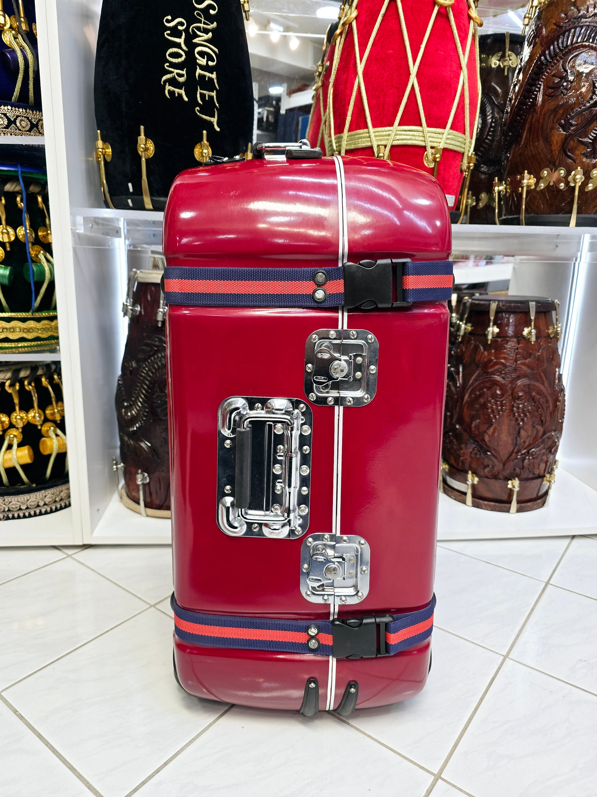 Maharaja Crimson Sentinel – Dual-Lock Standard Tabla Case with Luxe Interior & Reinforced Handles *Minor Cosmetic Defects* - Sangeet Store