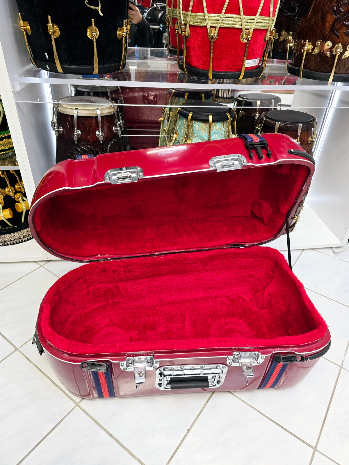 Maharaja Crimson Sentinel – Dual-Lock Standard Tabla Case with Luxe Interior & Reinforced Handles *Minor Cosmetic Defects* - Sangeet Store