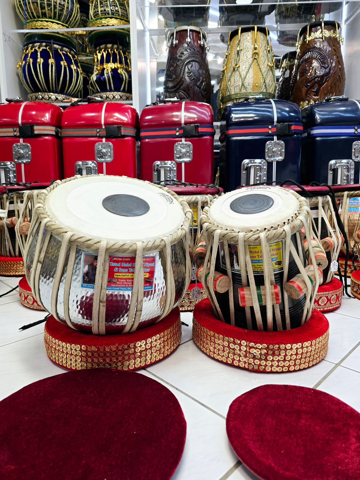 Silver Sur Tabla Set – 5.75" D/D# Red Sheesham Dayan & 9.25" 4.4kg Silver Copper Bayan *Exceptional Tone*