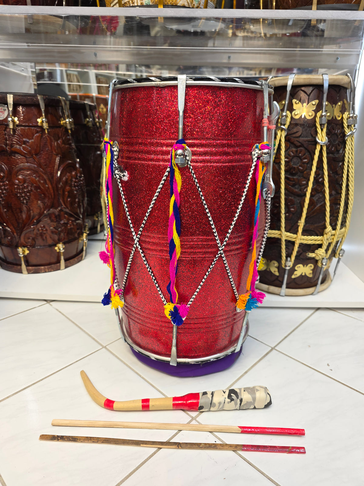 Crimson Thunder Lite – Compact 17.5" Glitter Red Fiberglass Punjabi Dhol *Minor Cosmetic Defect*