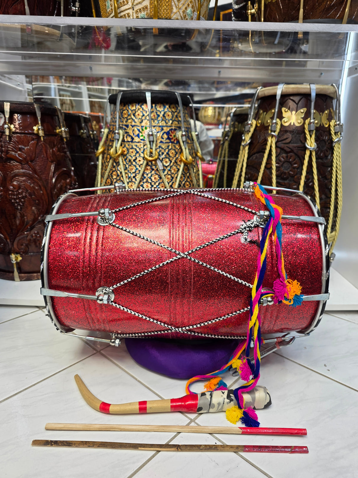 Crimson Thunder Lite – Compact 17.5" Glitter Red Fiberglass Punjabi Dhol *Minor Cosmetic Defect*