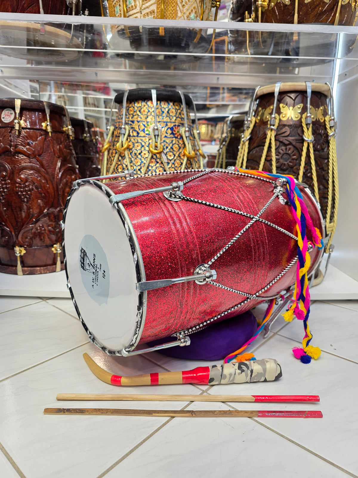 Crimson Thunder Lite – Compact 17.5" Glitter Red Fiberglass Punjabi Dhol *Minor Cosmetic Defect*