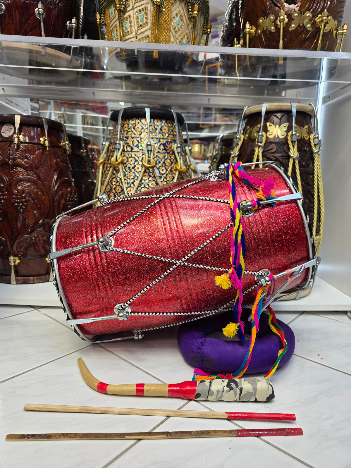 Crimson Thunder Lite – Compact 17.5" Glitter Red Fiberglass Punjabi Dhol *Minor Cosmetic Defect*