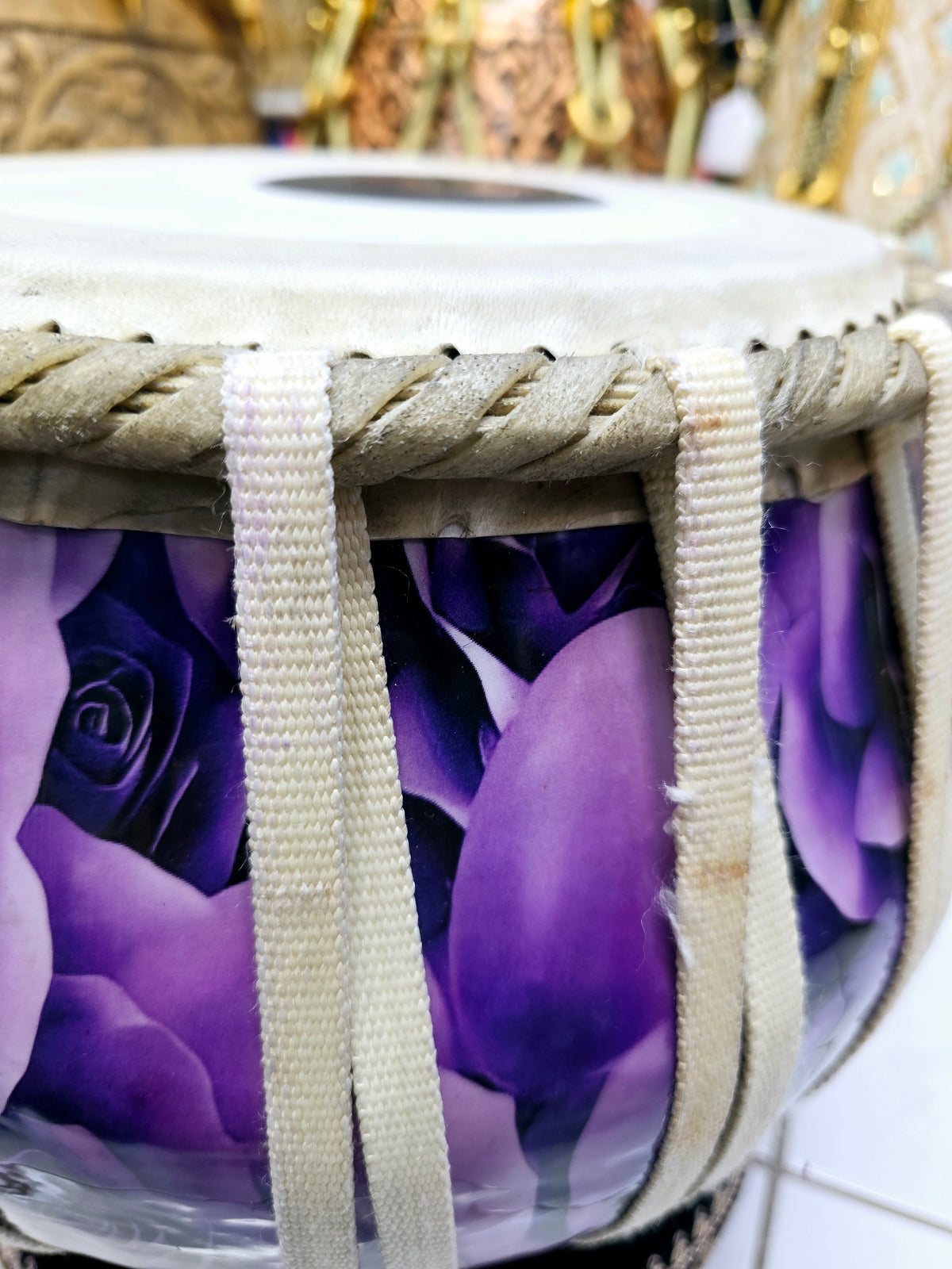Gulshan Dhwani 9" 6.1kg Copper Nylon-Strapped Bayan – Purple Floral Wrap *Minor Cosmetic Defects *