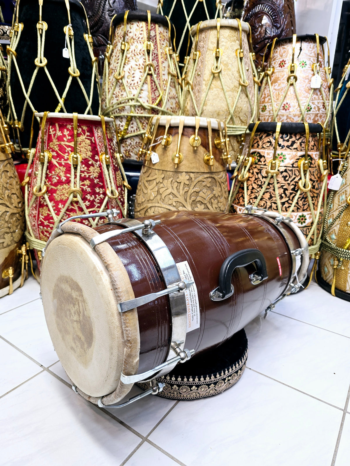Sangeet Veda 14lbs Mango Wood West-Indian Toned Brown Bolted Dholak – Professional Quality *Minor Cosmetic Defects*