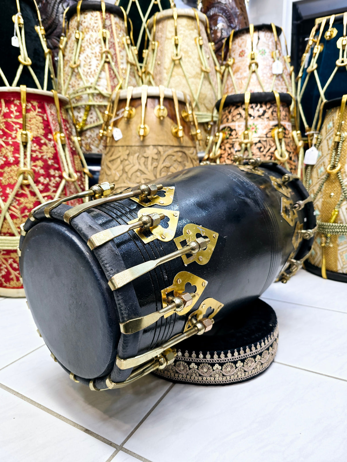 Raga Raj 14.2lbs Professional Red Sheesham Dholak – Black Painted, Golden Coated Accessories, Black Skins *Minor Cosmetic Defects