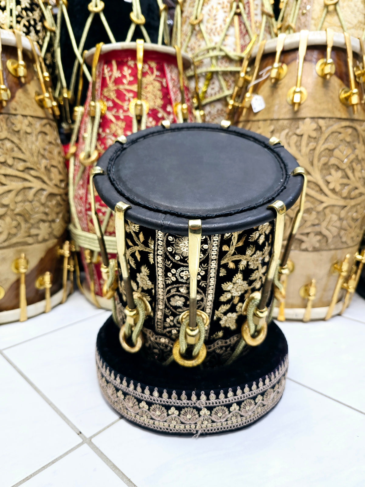 Royal Taal Black & Gold Sherwani Wrapped Red Sheesham Half Dholak – Pure Brass Bolts, Black Thin Rimmed Skin: Balance Link (Including Shipping + Tarrifs)