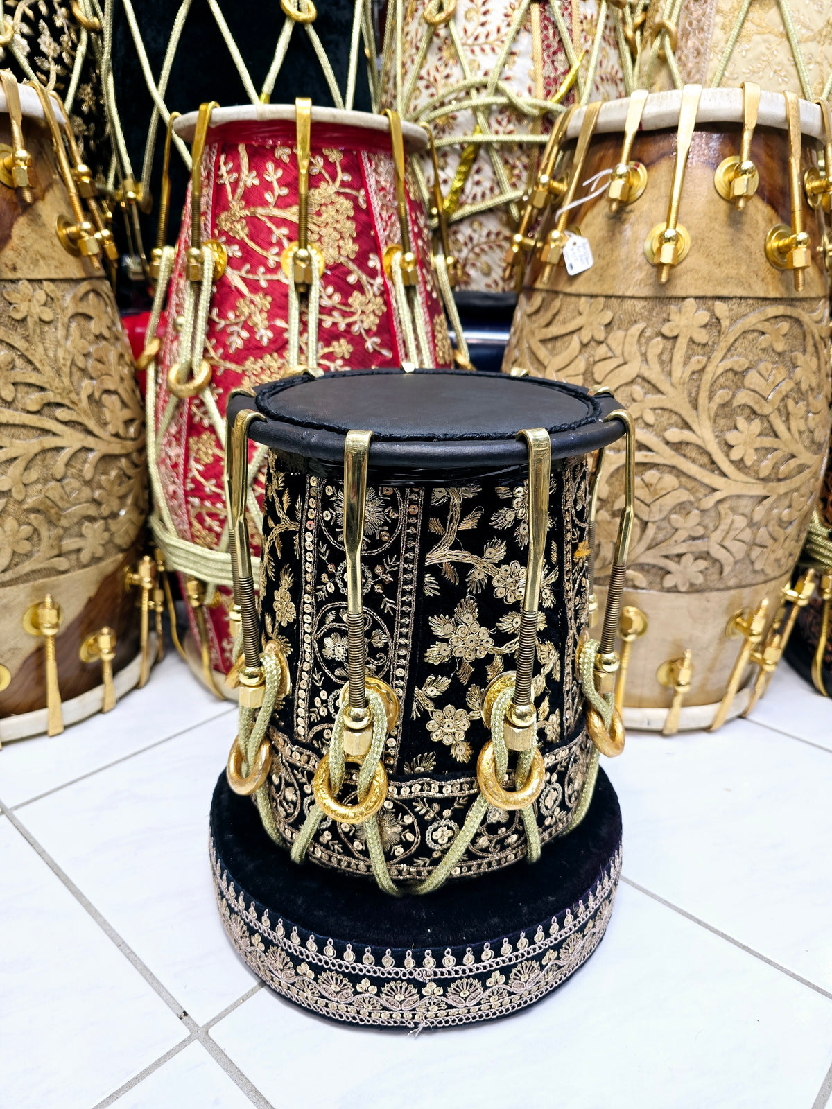Royal Taal Black & Gold Sherwani Wrapped Red Sheesham Half Dholak – Pure Brass Bolts, Black Thin Rimmed Skin: Balance Link (Including Shipping + Tarrifs)