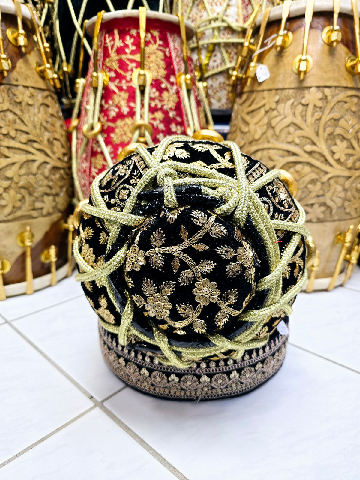 Royal Taal Black & Gold Sherwani Wrapped Red Sheesham Half Dholak – Pure Brass Bolts, Black Thin Rimmed Skin: Balance Link (Including Shipping + Tarrifs)