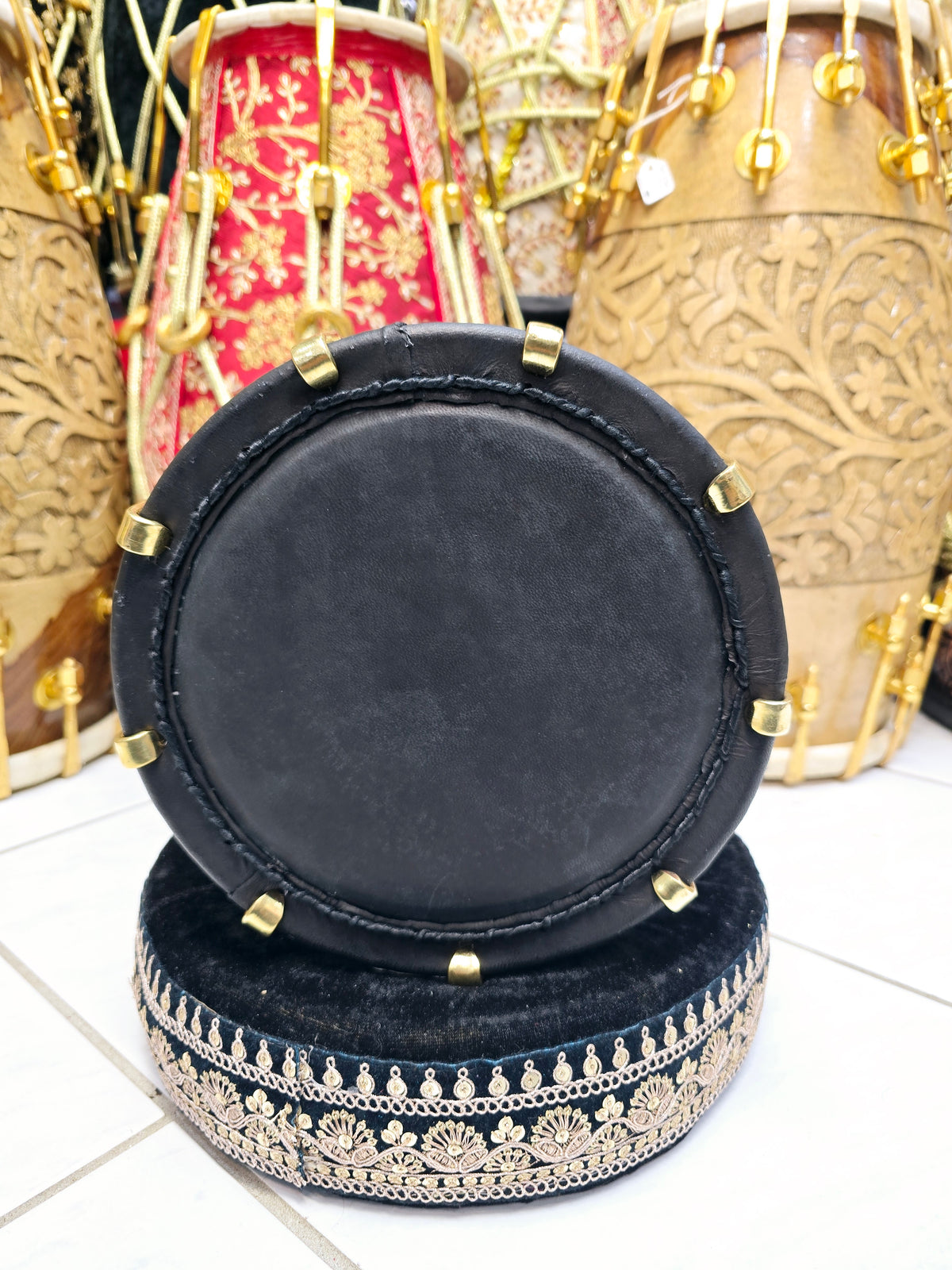 Royal Taal Black & Gold Sherwani Wrapped Red Sheesham Half Dholak – Pure Brass Bolts, Black Thin Rimmed Skin: Balance Link (Including Shipping + Tarrifs)