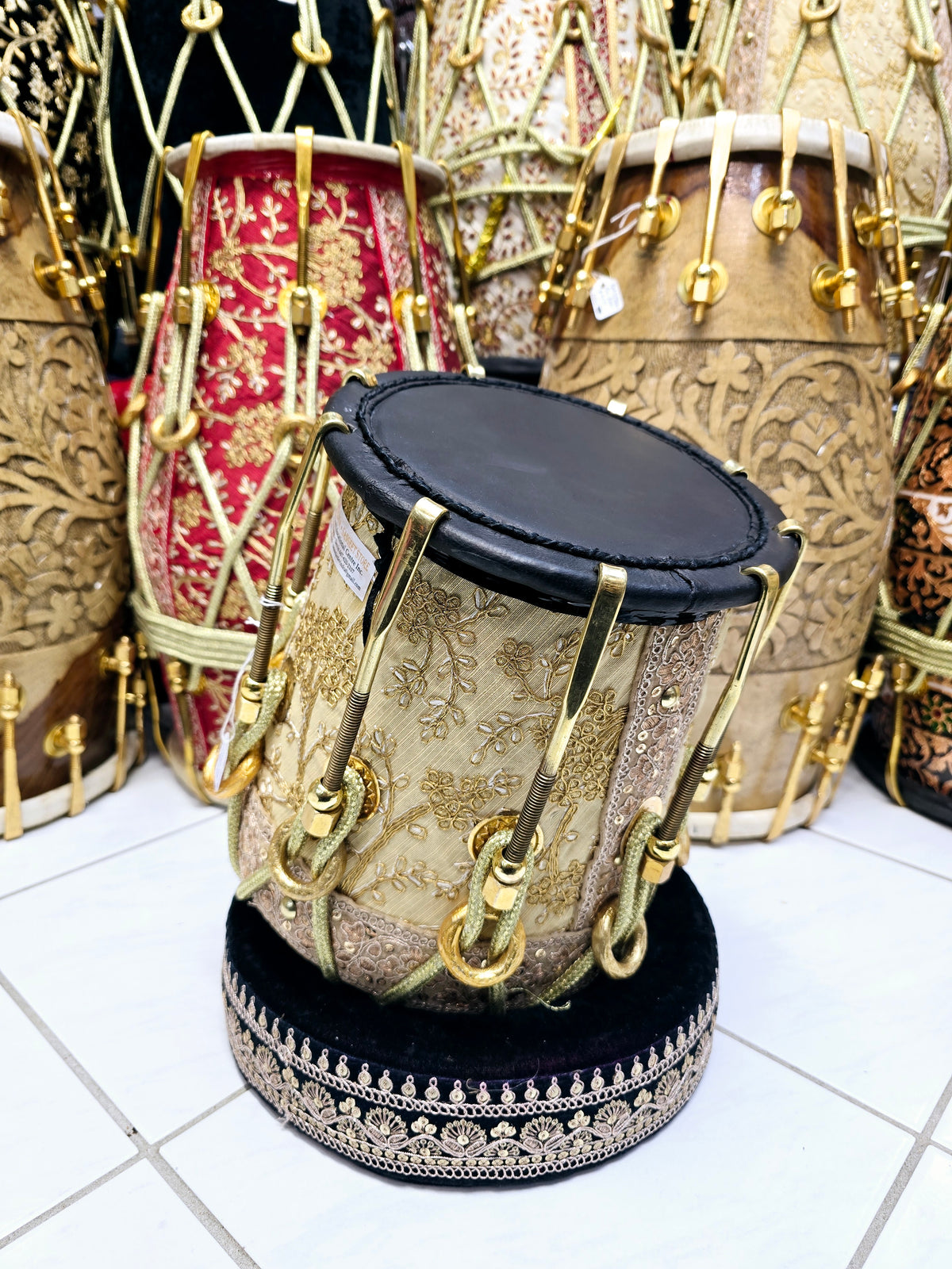 Sangeet Royale Gold & White Sherwani Wrapped Red Sheesham Half Dholak – Pure Brass Bolts, Black Thin Rimmed Skin