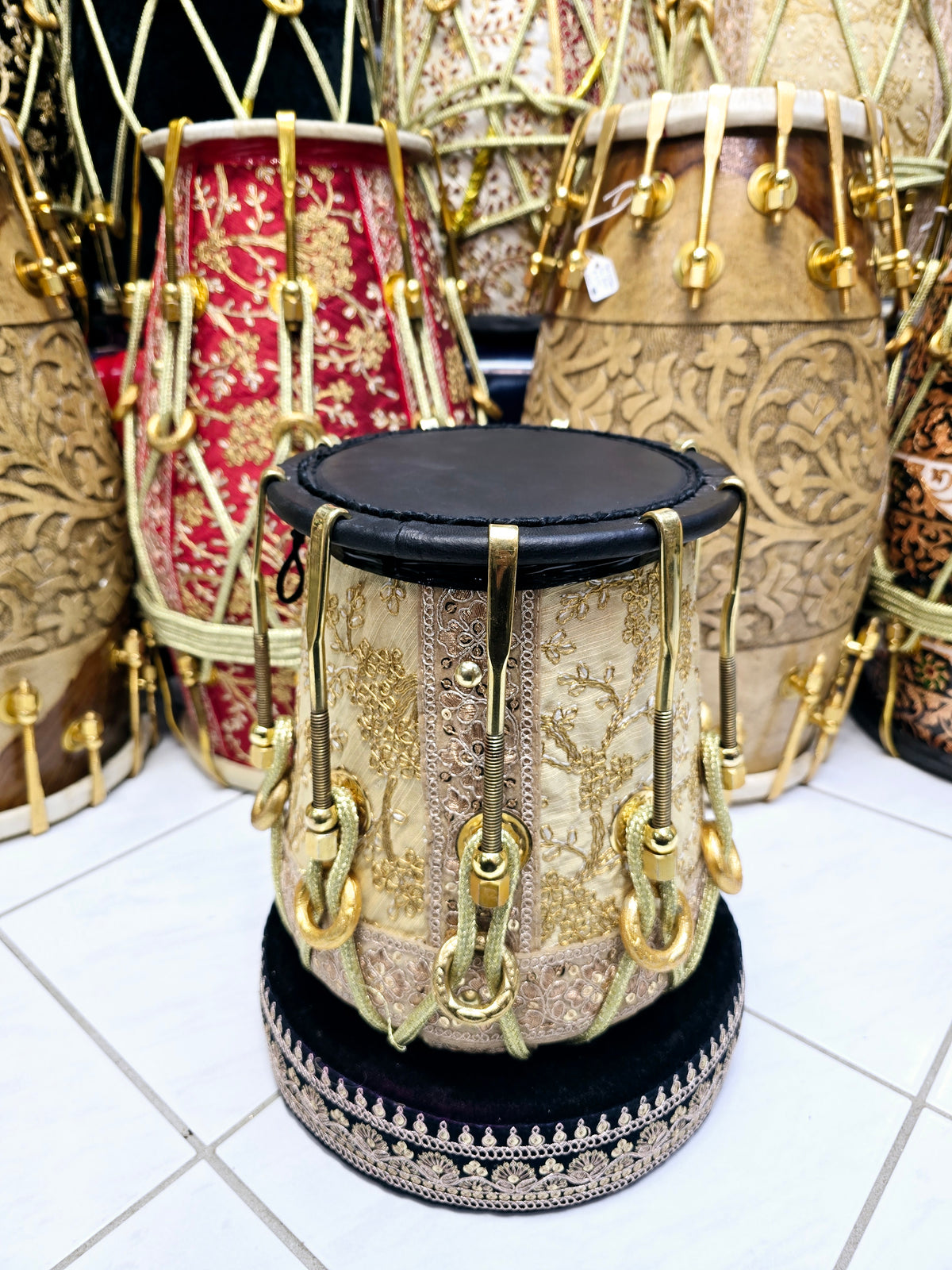 Sangeet Royale Gold & White Sherwani Wrapped Red Sheesham Half Dholak – Pure Brass Bolts, Black Thin Rimmed Skin