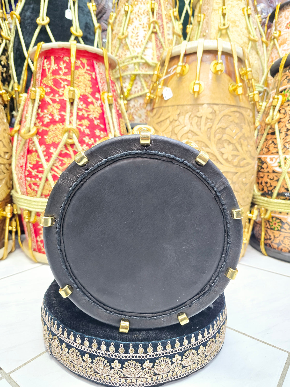 Sangeet Royale Gold & White Sherwani Wrapped Red Sheesham Half Dholak – Pure Brass Bolts, Black Thin Rimmed Skin