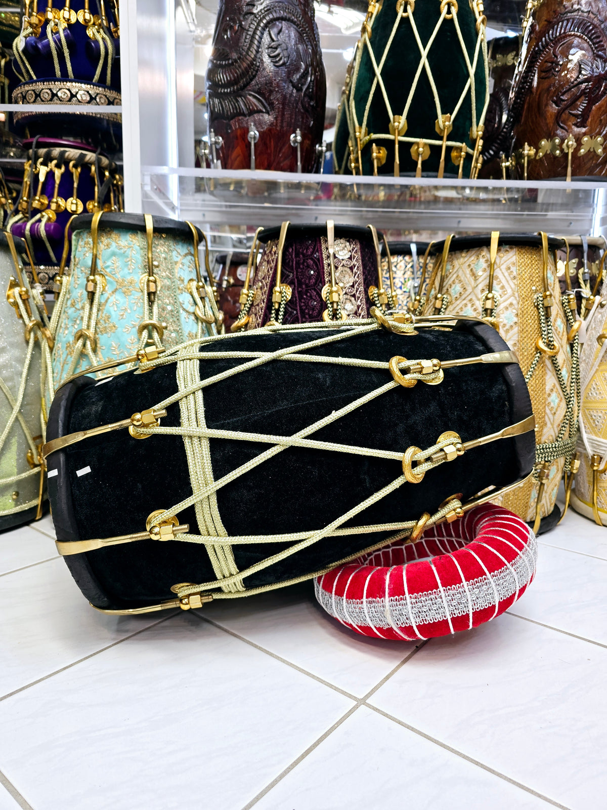 Anand's Velvet Royale Heavyweight Red Sheesham Dholak – Black Velvet Wrap, Black Skins, Golden Bolts (Copy)