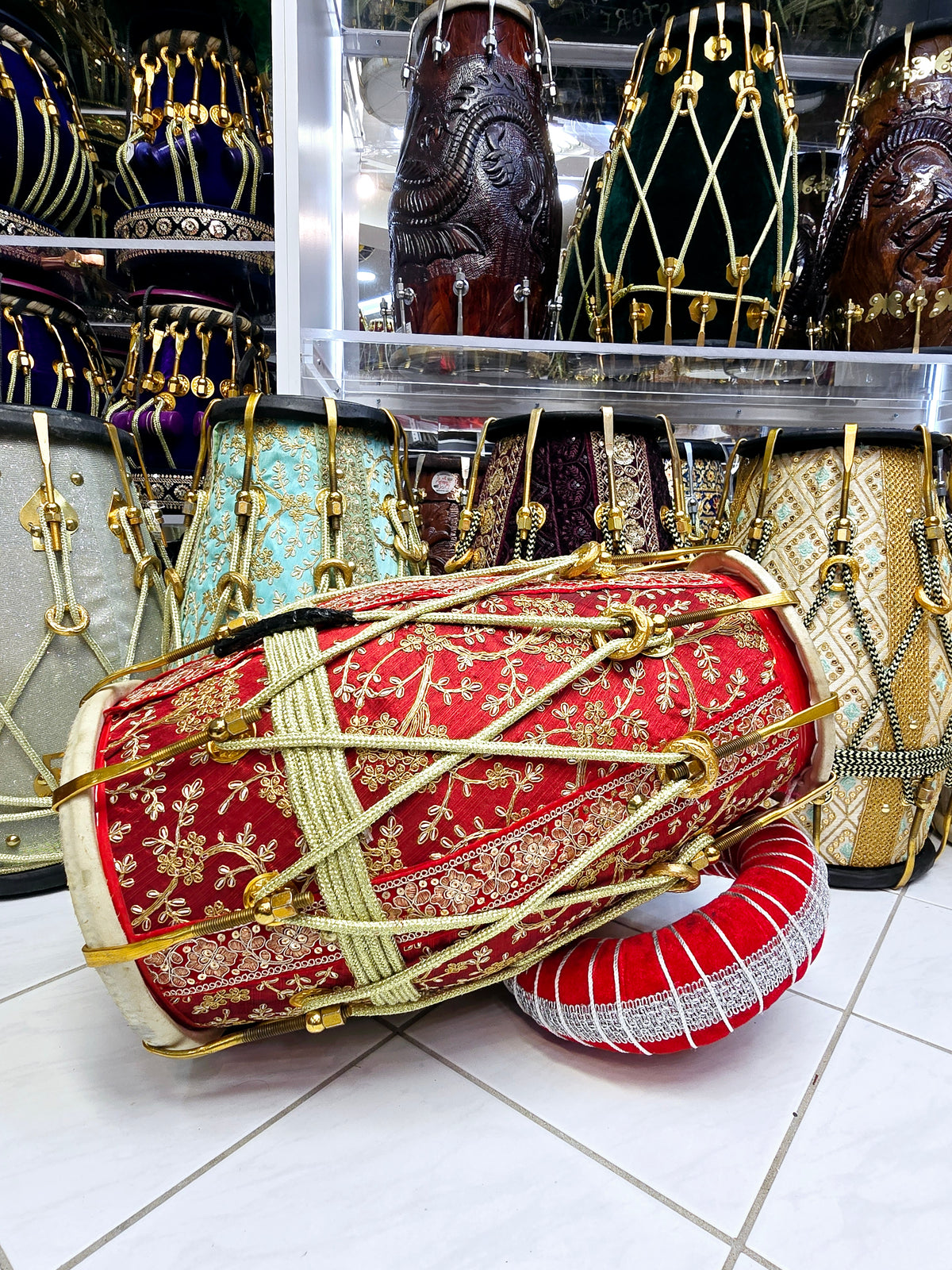 Swar Dholak – Red & Gold Sherwani Wrapped, Golden Brass Bolts (Buzzing Treble Skin & Minor Cosmetic Defects)