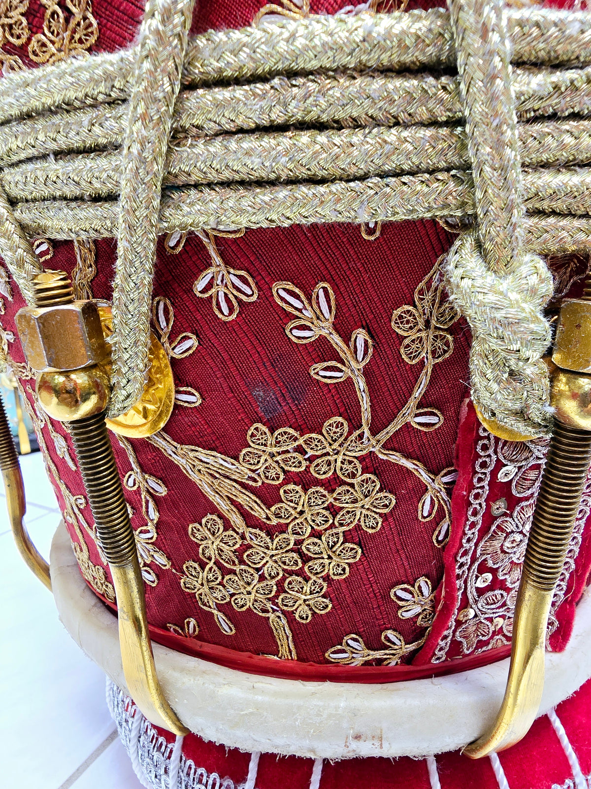 Swar Dholak – Red & Gold Sherwani Wrapped, Golden Brass Bolts (Buzzing Treble Skin & Minor Cosmetic Defects)