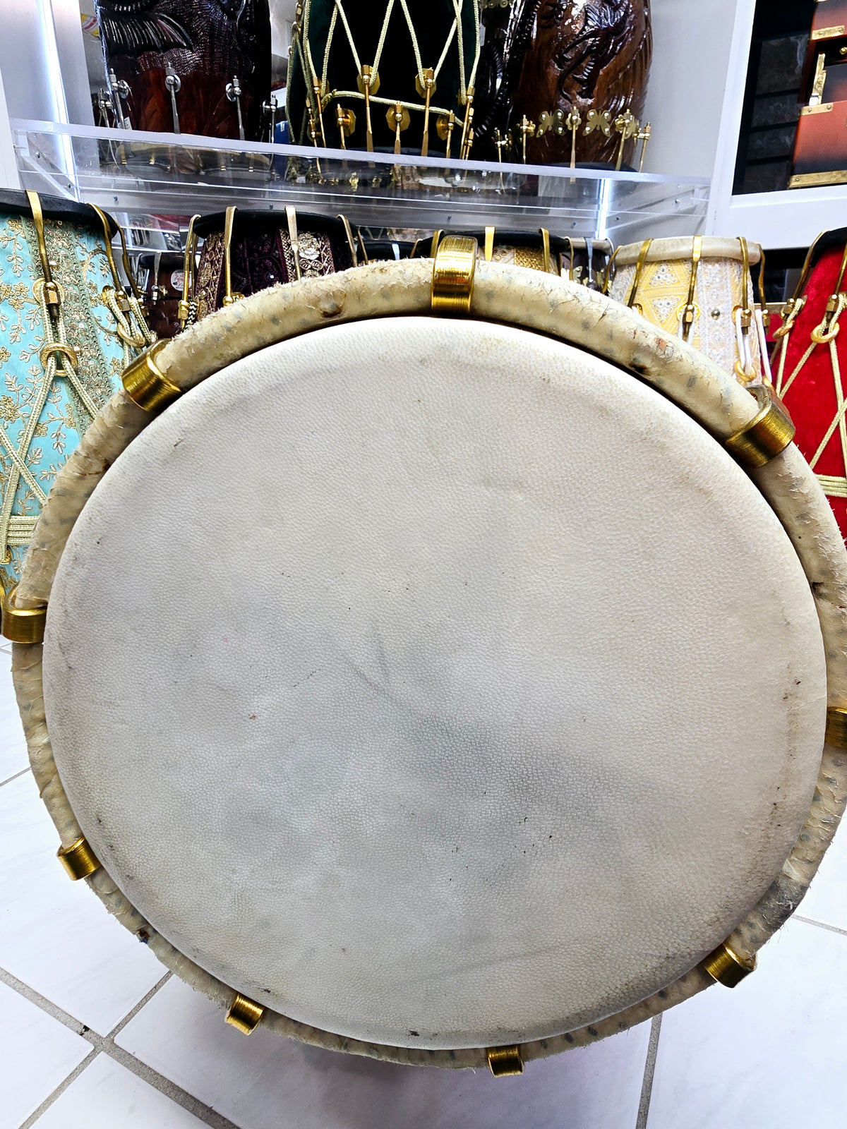 Swar Dholak – Red & Gold Sherwani Wrapped, Golden Brass Bolts (Buzzing Treble Skin & Minor Cosmetic Defects)